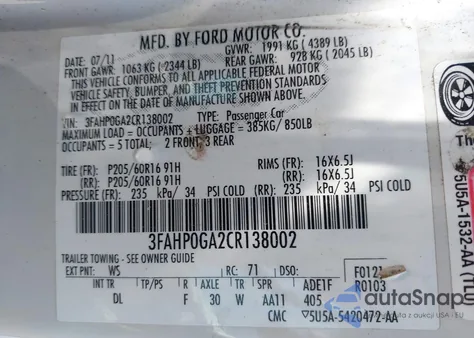 2012 Ford Fusion S z USA, uszkodzony, nr VIN 3FAHP0GA2CR138002